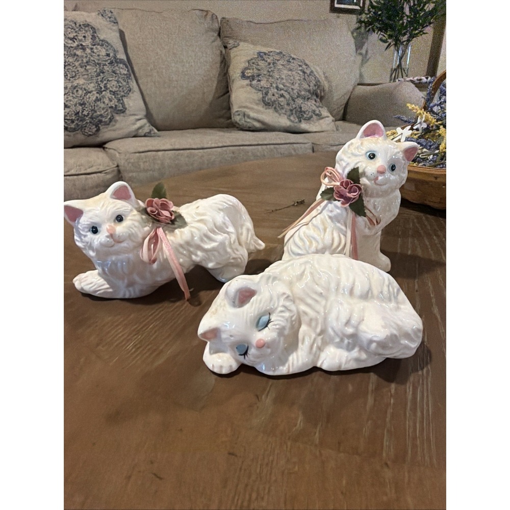 Vintage Set Of 3 Cats Kittens White Porcelain 1980s Figurines Set White